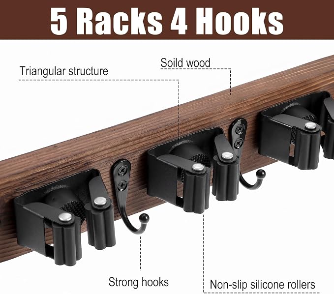 2 Pack Broom Holder Wall Mount Rustic Wood Broom Hanger Wall Mount With 5 Slots And 4 Hooks Mop And Brooms Organizer Walls Hanging For Laundry Rooms Garage Kitchen Closet Decor Brown - Image 3