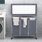 LINZINAR 3-Bag Laundry Hamper with Ironing Board, Grey 135L Laundry Sorter - Image 3