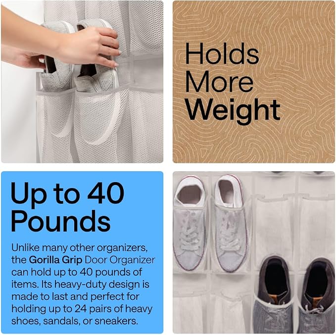 GORILLA GRIP Over the Door Shoe Organizer, 24 Large Pockets, Linen | Breathable Mesh Pocket, Space Saving Hanging Storage Holder, Closet Rack Hanger for Shoes, Pantry and Bathroom Accessories - Image 3