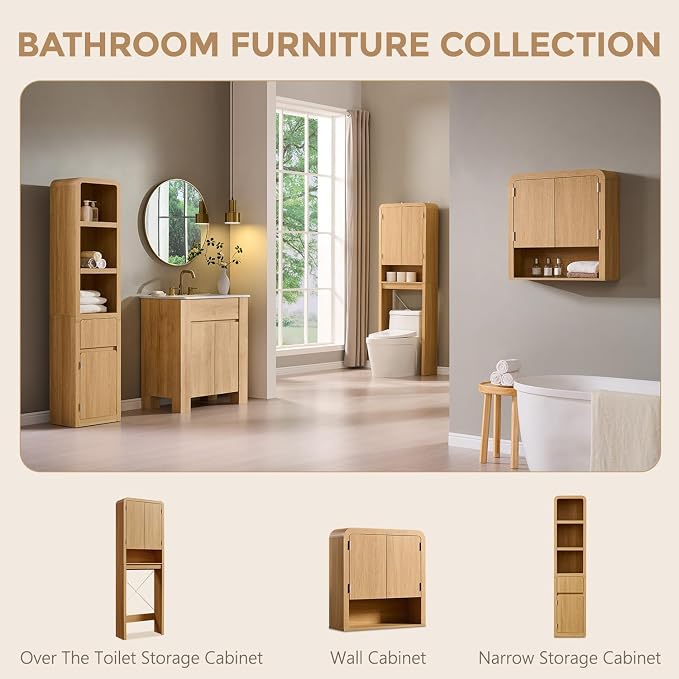 Over the Toilet Storage Cabinet, 69.69" Curved Bathroom Storage Organizer Cabinet with Doors and Adjustable Shelves, Wooden Free Standing Toilet Space Saver Rack, Natural - Image 8