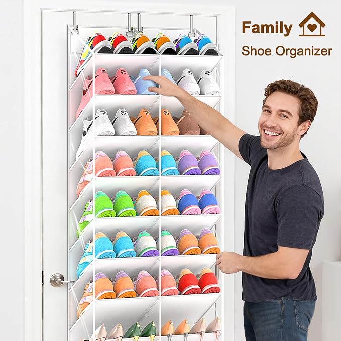 UVIAHOMI 20-30 Pairs Over the Door Shoe Organizer, Clear Pockets Hanging Shoe Storage for Closet, 10-Tier Door Shoes Rack, Handing Shoes Holder Fit All the Family's Sneakers, Boots, Heels, White - Image 4