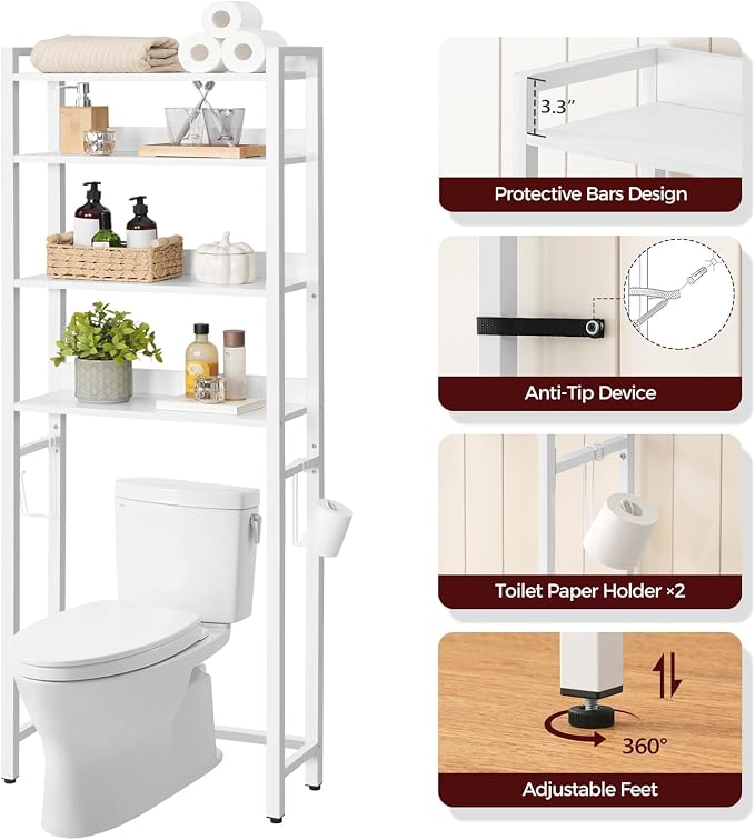 MAHANCRIS Over The Toilet Storage Rack, 4 Tier Bathroom Organizer Over Toilet, Freestanding Space Saver Toilet Stand with 2 Hooks, Bathroom Storage Shelf, Easy to Assemble, White TSBW0401 - Image 6