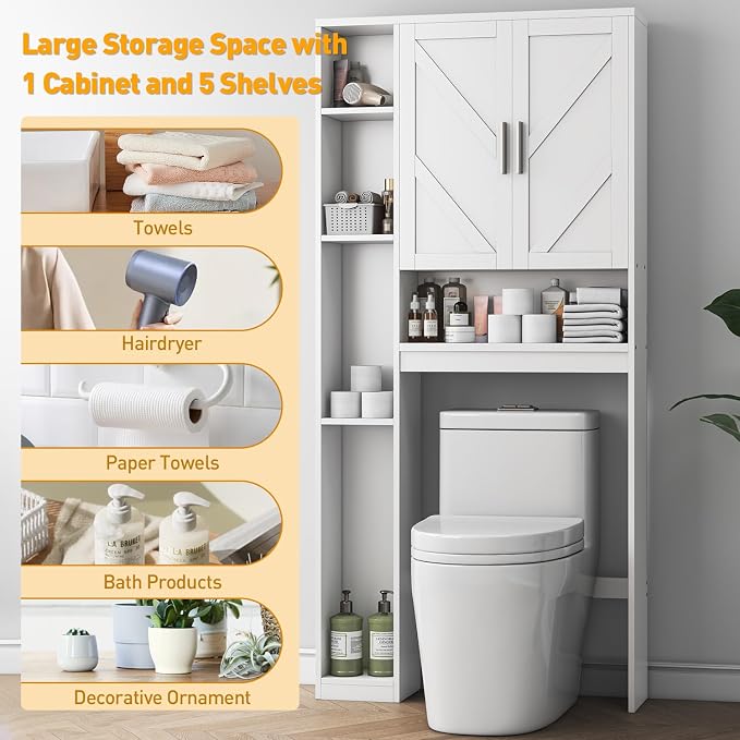 Over The Toilet Storage Cabinet with 7 Storage Shelves, Above Toilet Bathroom Organizer with Toilet Paper Holder Stand, Behind Toilet Cabinet, Space Saver for Restroom, Bathroom, Laundry, White - Image 6
