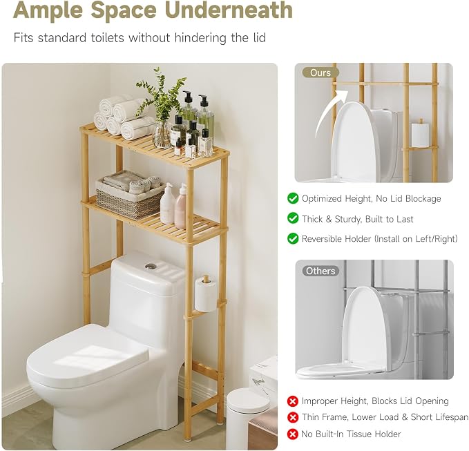 Over The Toilet Storage,2-Tier Bamboo Bathroom Shelf with Paper Holder - Image 4