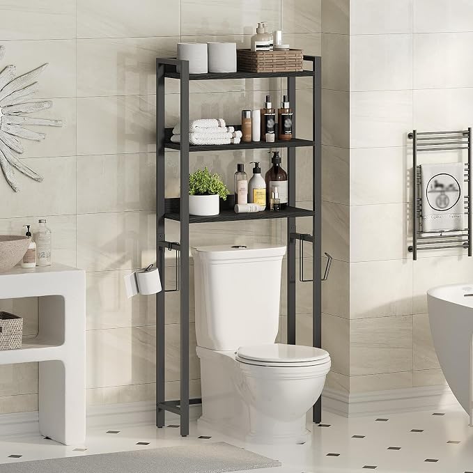 MAHANCRIS Over The Toilet Storage Rack, 3 Tier Bathroom Organizer Over Toilet, Freestanding Space Saver Toilet Stand with 2 Hooks, Bathroom Storage Shelf, Easy to Assemble, Black TSBK6001 by MAHANCRIS