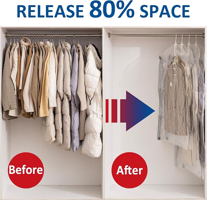 Hanging Vacuum Storage Bags, Space Saver for Clothing, 4 Long with Pump | Vacuum Seal Bags for Clothing with Electric Pump, Hanging Garment Storage for Jackets, Suit, Dresses, Winter Closet Organizer - Image 2