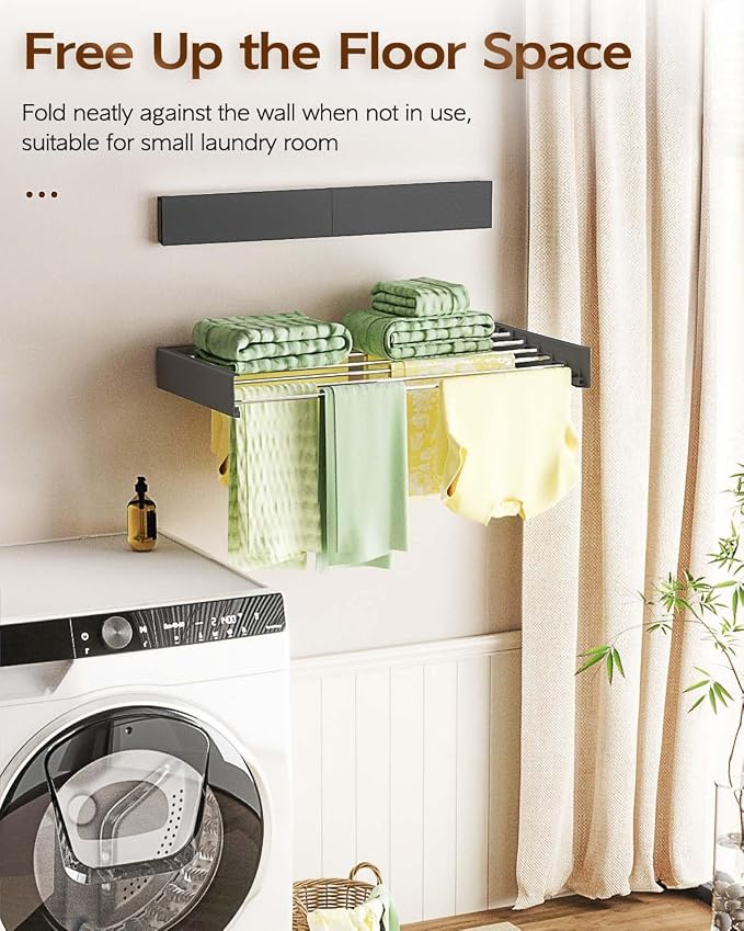 Vikaqi Wall Mounted Clothes Drying Rack 40", Foldable Wall Mount Laundry Rack Folding Indoor, Drying Rack Clothing Collapsible, Hidden Space Saver with Wall Template, 6 Rods, Black - Image 2