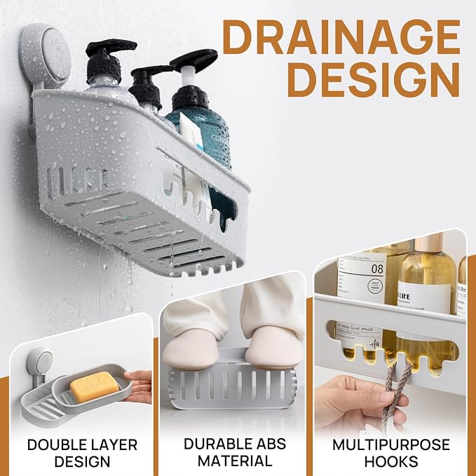 LEVERLOC Shower Caddy Suction Cup Set Shower Organizer & Soap Holder, Grey - Image 4