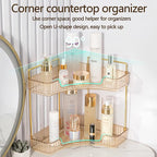 shuang qing 2-Tier Corner Bathroom Counter Organizer – Classic Storage Shelf for Makeup, Perfume & Toiletries, Space-Saving Countertop Tray Fits Bathroom, Dresser, Kitchen (Vintage Gold) - Image 4