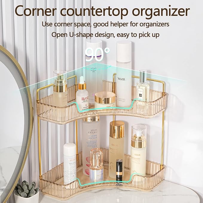 shuang qing 2-Tier Corner Bathroom Counter Organizer – Classic Storage Shelf for Makeup, Perfume & Toiletries, Space-Saving Countertop Tray Fits Bathroom, Dresser, Kitchen (Vintage Gold) - Image 4