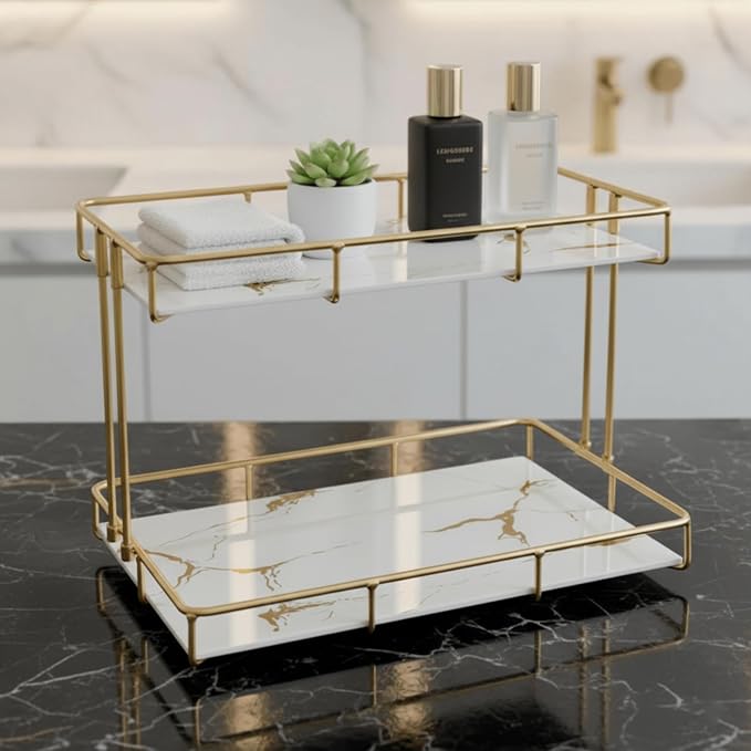 2-Tier White Marble Bathroom Countertop Organizer – Glass Shelves & Gold Metal Frame, Elegant Vanity Storage Shelf for Perfume, Skincare, Makeup & Toiletries by L%C3%A9azora