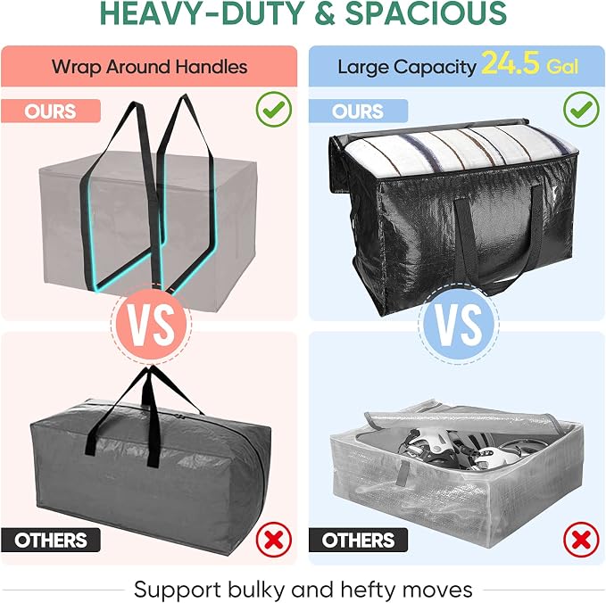 BALEINE 8-Pack Oversized Moving Bags with Reinforced Handles, Heavy-Duty Storage Tote for Clothes, Moving Supplies (Black, 8-Pack) - Image 4