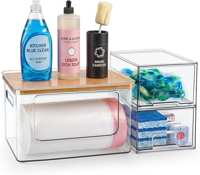 Hudgan Under Sink Organizers 3 in 1, Stackable Acrylic Bathroom Storage, Trash Bag Dispenser and Dishwasher Pods Holder for Kitchen and Laundry Room Organization - Image 8