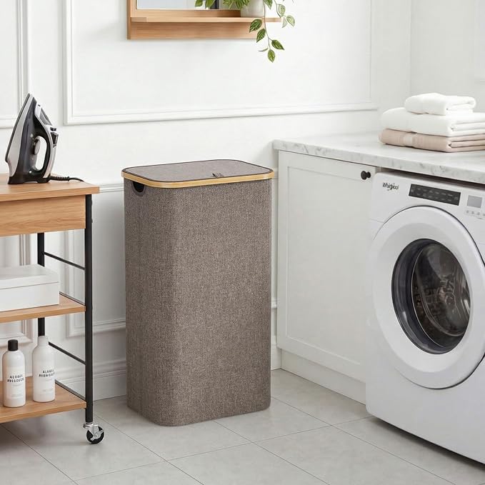Lifewit 105L Large Laundry Basket with Lid, Removable Bags, Brown - Image 2