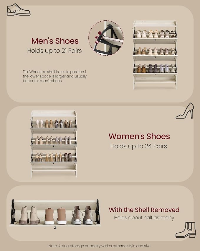 VASAGLE Narrow Shoe Storage Cabinet Organizer with 3 Flip Drawers | Freestanding Shoe Rack, Fits 21 to 24 Pairs, for Entryway, Farmhouse Style, Rustic White, HANIS Collection UHSC303WJ01S - Image 5