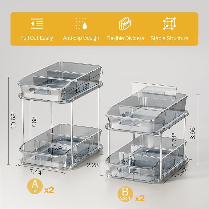 Delamu 2-Tier Under Sink Organizers and Storage, Multi-Purpose Stackable Bathroom Cabinet organizers, Pull Out Kitchen Pantry Organization and Storage with Dividers(4 Pack, Grey) - Image 5