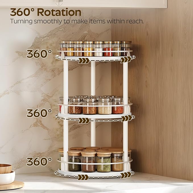 YATINEY Lazy Susan Organizer, Rotating Spice Rack, 3 Tier Spice Turntable Organizer, Industrial Turntable Spice Holder, for Kitchen Countertop and Cabinet, Compact and Versatile, White SR23WW - Image 3