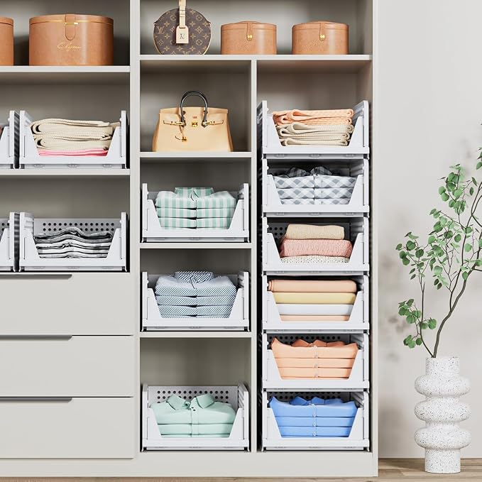 caktraie 8 Pack Stackable Closet Storage Basket - Stackable Storage Bins | Multifunctional & Foldable Closet Organizer Waterproof, Wardrobe Cupboard Space-Saving Storage Drawer Organizer - Image 4