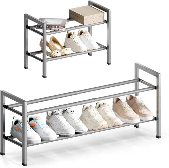Bumusty 2 Tier Expandable Shoe Rack for Closet, Light Grey | 18"-33" Adjustable Shoe Rack for Entryway, Small Shoe Organizer for Dorm, Front Door, Sturdy Metal by BUMUSTY