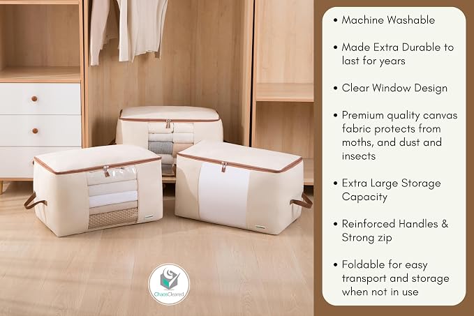 Chaos Cleared Canvas Storage Bags Designer Organizer for Comforters 2 Pack – Seasonal Storage for Pillows, Blankets, Linens & Garments – Foldable Design with Zip & Window, Moth-Proof Space Saver - Image 7