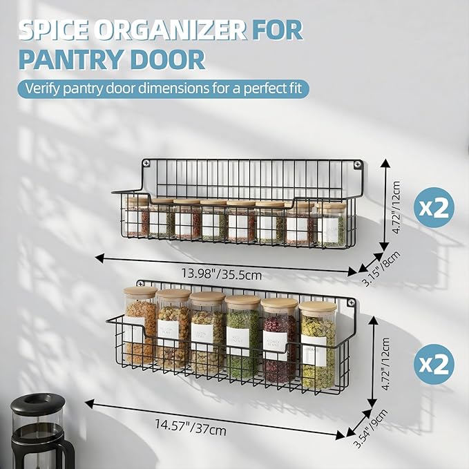 Spice Rack Wall Mount, Spice Organizer for Cabinet & Pantry Door, Set of 4 Hanging Spice Rack Saving Space for Kitchen, Black - Image 2