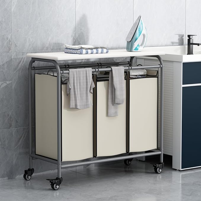 LINZINAR 3-Bag Laundry Hamper with Ironing Board, Beige 135L Laundry Sorter - Image 4