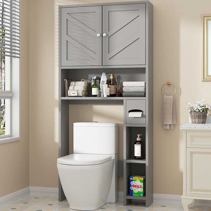 Shintenchi Over the Toilet Storage Cabinet, Bathroom Storage Cabient with Barn Doors, Bathroom Storage Shelf Organizer with Toilet Paper Holder, Adjustable Shelf and Anti-Tip Device, Gray by Shintenchi%7CFurnitureMadeforRealLife