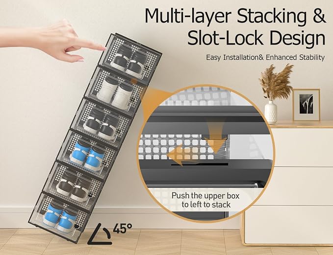 Kuject XX-Large Shoe Storage Boxes 12 Pack, Clear Stackable Shoe Organizer | Shoe Case for Closet, Entryway & Under-Bed Storage, Drop-Front Design, Space-Saving Solution for Family Organization,Black - Image 4