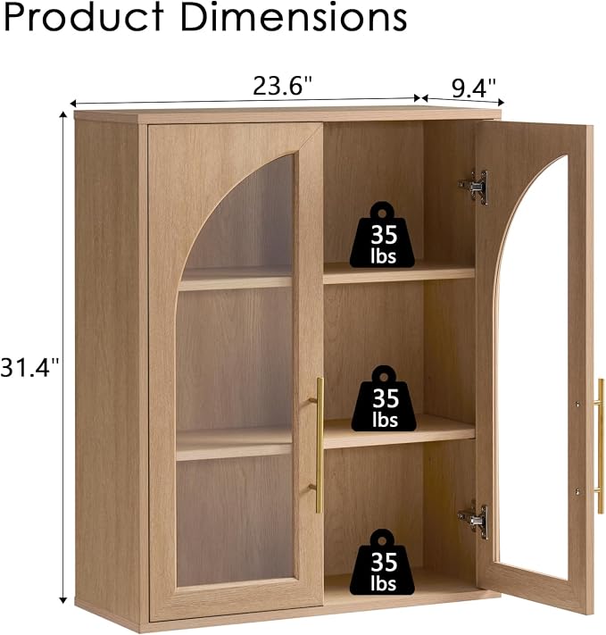 Bathroom Wall Cabinet, 23.5×31.4'' Storage Cabinet, Arched Cabinet Wall Mount with Adjustable Shelf & Glass Doors, Medicine Cabinet for Laundry Room, Bathroom, Kitchen, Living Room,Natural Oak,2PCS - Image 2