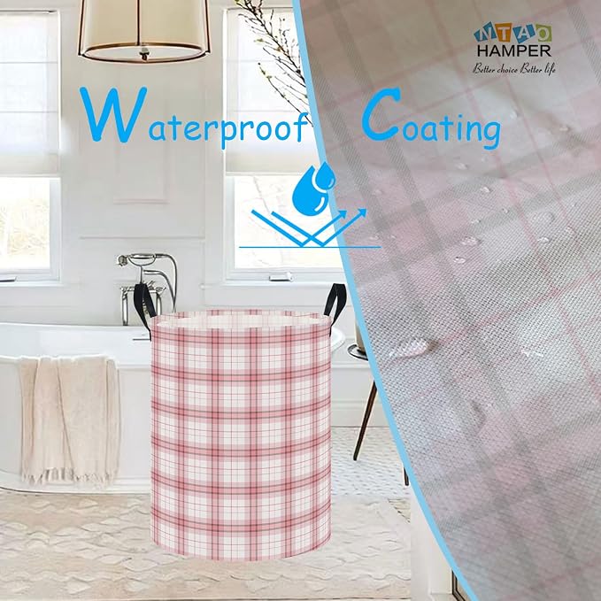 NTAOHAMPER Laundry Hamper, Waterproof Storage Bin, Baby Nursery Hamper, Clothes Organizer Basket, Room Decor (Pink Plaid) - Image 3
