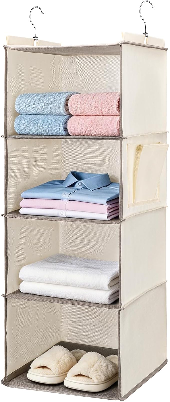 Hanging Closet Organizer and Shelves,4 Shelves with 1 Side Pockets (Beige) | Foldable, Grey Fabric, Modern Style, for Bedroom and Dorm Room by BOOMIBOO
