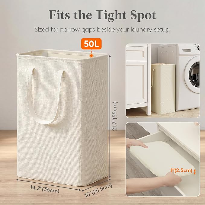 Lifewit Slim Collapsible Laundry Basket with Handles, 50L, Ivory - Image 4