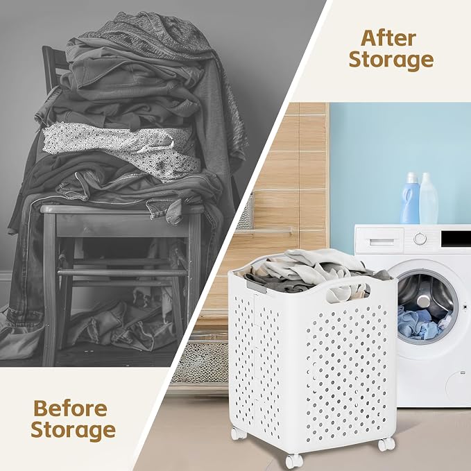 57L Foldable Collapsible Laundry Basket, with Wheels+Handles(Cream White) - Image 3