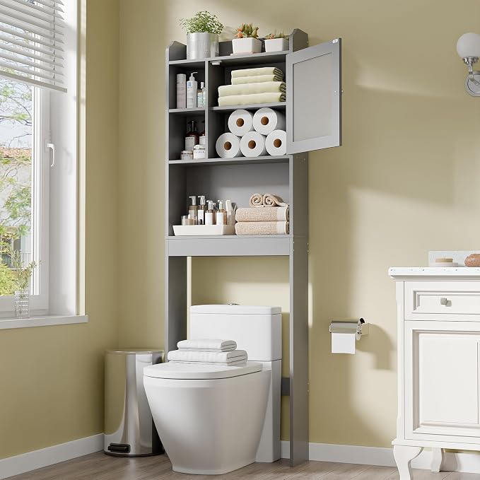 ZENY Over The Toilet Storage Cabinet, Bathroom Organizer with Adjustable Shelf and Double Doors, Freestanding Bathroom Space Saver Toilet Rack (Gray) by ZENY