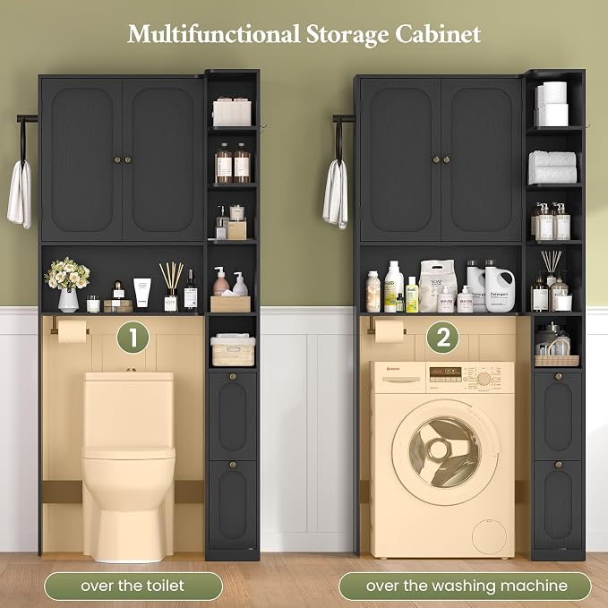 7-Tier L-Shaped Wooden Over the Toilet Storage Cabinet with Doors, Modern Over Toilet Bathroom Organizer Shelf with 2 Large Drawers, Bathroom Over Toilets Storage Cabinet, Space Saver, Black - Image 6