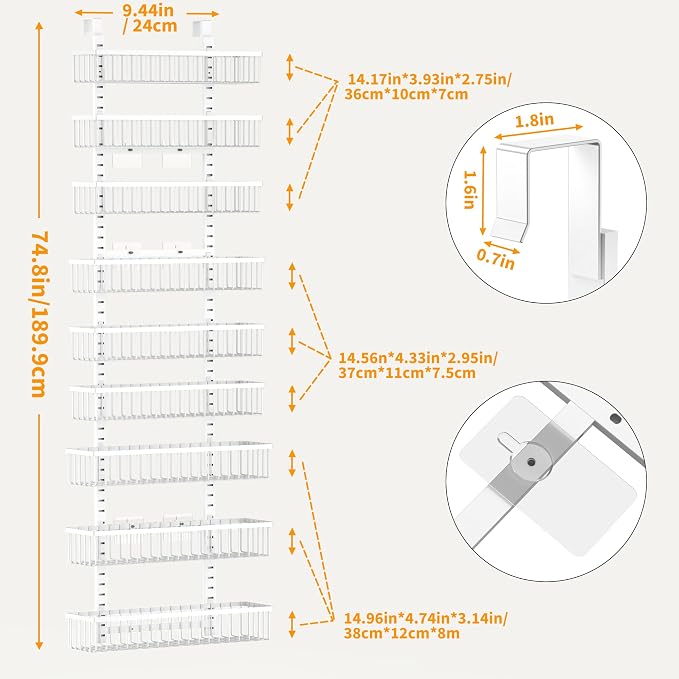Moforoco 9-Tier White Over The Door Pantry Organizer, Pantry Organization and Storage, Black Hanging Basket Wall Spice Rack Seasoning Shelves, Home & Kitchen Bedroom Bathroom House Essentials - Image 3