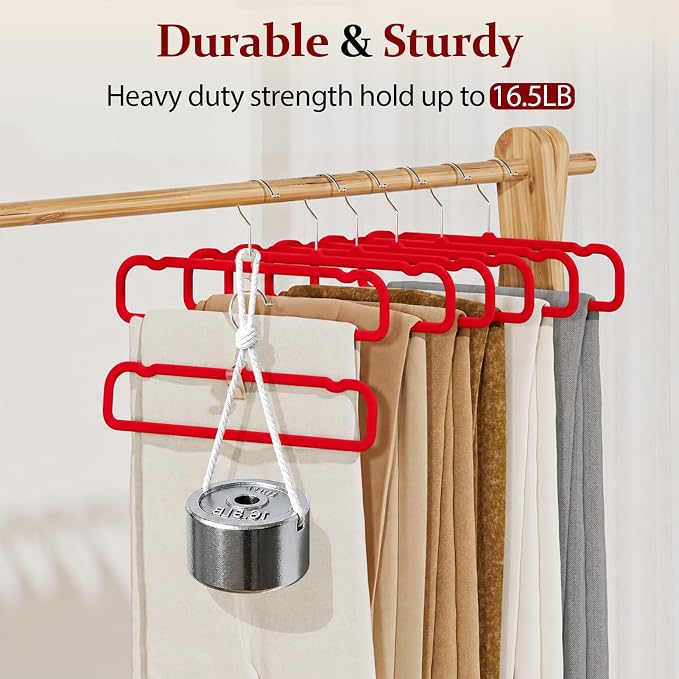 Velvet Felt Pants Hangers 30 Pack, with Cascading Hooks (Red) - Image 7