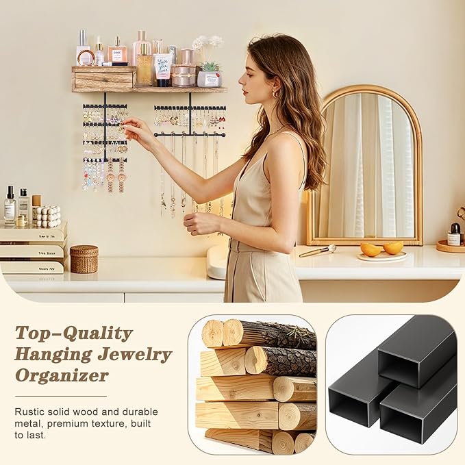 VINAEMO Jewelry Organizer Hanging Wall Mounted Jewelry Holder with Rustic Wood Drawer & Large Capacity Storage Shelf Rack Display for Earrings Rings Necklaces Bracelet - Image 5