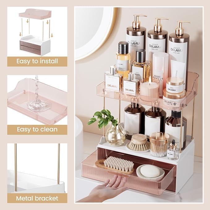 Delamu 4-Tier Makeup Organizer, Bathroom Counter, 2 Drawers, Grapefruit - Image 6