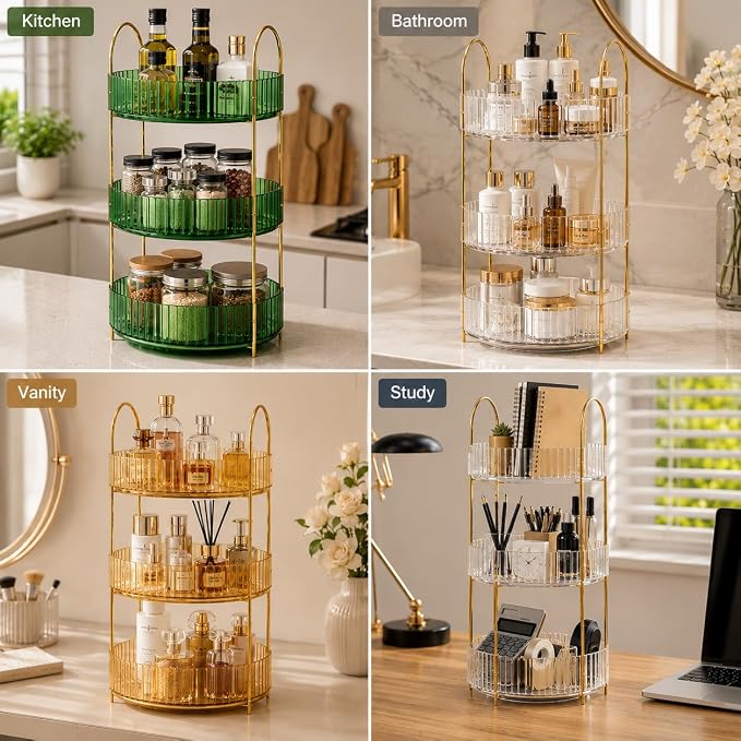 360° Rotating Organizer, Lazy Susan Bathroom Counter Organizer for Perfume, Skincare, Makeup & Cosmetic Storage, Vanity Countertop Organizer, Green, 3-Tier - Image 3