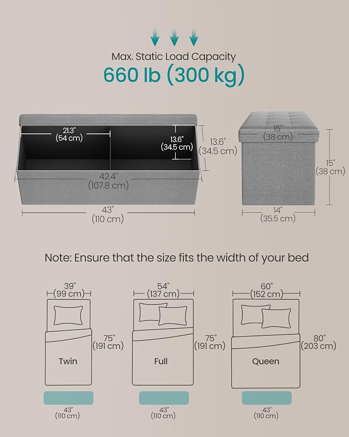 SONGMICS 43.3 Inches Folding Storage Ottoman Bench, Load 660 lb | Ottoman Foot Rest, Storage Chest, for Living Room, Entryway, Dove Gray and Ink Black, MINOTA Collection ULSF77G - Image 3