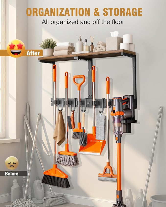 Large Broom Holder Wall Mount with Shelf, Vacuum Organizer, 5 Slots 5 Hooks - Image 3