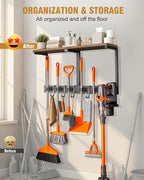 Large Broom Holder Wall Mount with Shelf, Vacuum Organizer, 5 Slots 5 Hooks - Image 3