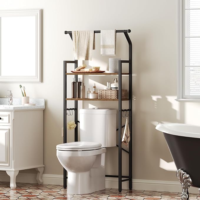YATINEY 2-Tier Over The Toilet Storage, Multifunctional Vertical Over Toilet Bathroom Organizer, Freestanding Bathroom Storage Shelves with Hooks, Bathroom Organizer, Rustic Brown and Black TR01BR - Image 2