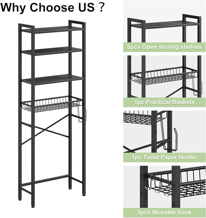 Kalrin Over-The-Toilet Storage Rack, 4-Tier Bathroom Organizer Shelf Over Toilet with Adjustable Shelf and Basket, Freestanding Space Saver Bathroom Shelves Above Toilet for Room (Pure Black) - Image 8