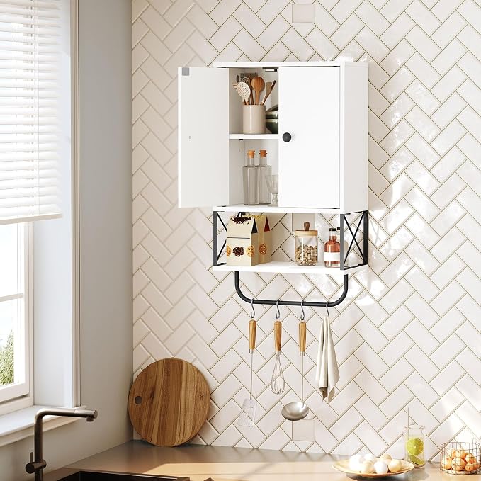 MAHANCRIS Bathroom Wall Cabinet with 2 Door and Adjustable Shelf, Farmhouse Medicine Cabinet with Towel Rack, 3-Tier Wall Mounted Storage Cabinet Over The Toilet for Bathroom Laundry Room, White - Image 9