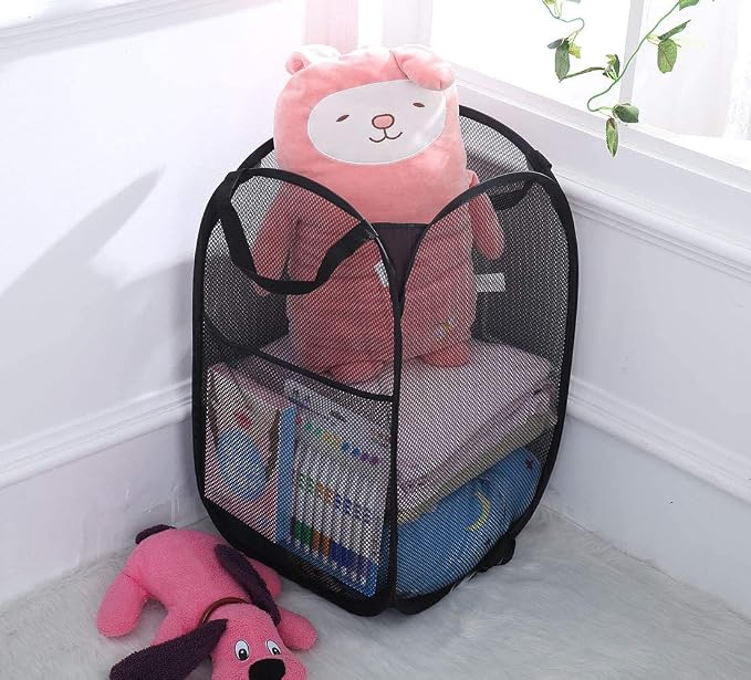 Mesh Pop up Laundry Hamper with Portable Handles, Collapsible Laundry Basket for Storage, Folding Pop-Up Clothes Hampers for Home, College Dorm or Travel, Black - Image 3
