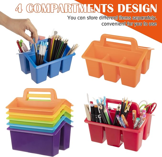 Plastic Caddy With Handle,Protable Classroom Craft Caddy, 6-pack Storage Caddy For Pencil,Pen,Craft Tools (Rainbow Color) - Image 5