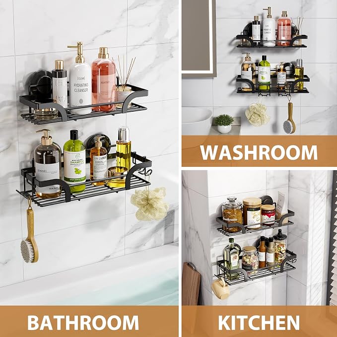 LEVERLOC Shower Caddy Suction Cup, 2 Pack Shower Shelves for Inside, Black - Image 4