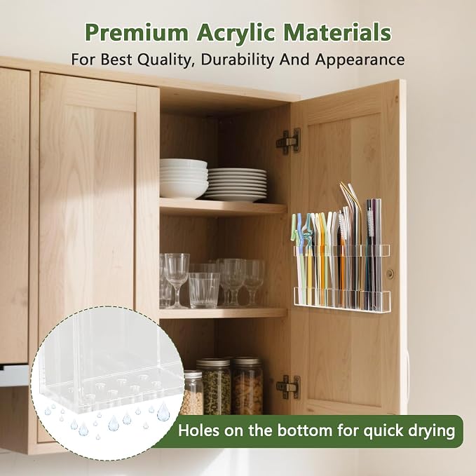 Malldii 9.5" Large Acrylic Straw Holder for Cabinet Door - Reusable Tumbler Straw Organizer Storage, Small Kitchen Accessories Container, Ultra Sticky Cupboard Door Mounted (Transparent) - Image 2